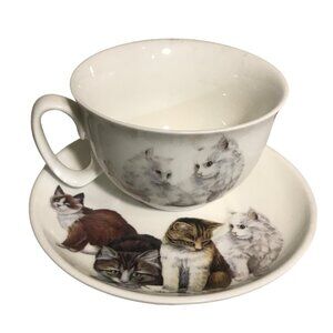 Decorative White Cat Themed Ceramic Mug Cup and Saucer Plate Set Summer River